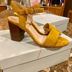 Sole Society marigold block heel sandals.